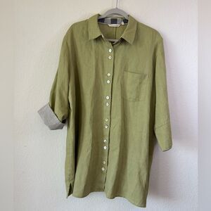 Soft Surroundings Desert 100% Linen Tunic Shirt Jacket Olive Green 1X Lagenlook